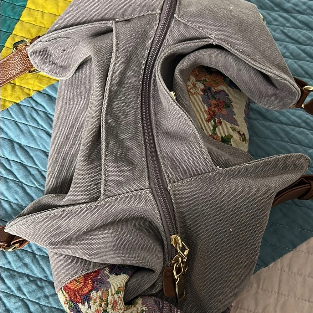 Worldlyda Purple Floral Bag with Slouchy Shape and Leather Handles